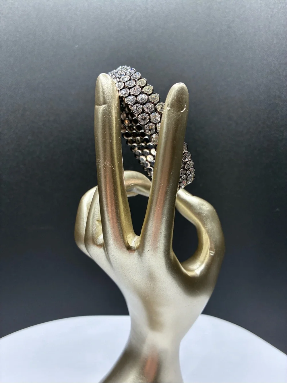 Vintage Gunmetal Crystal Flex-Cuff Bracelet W/Clear Rhinestone